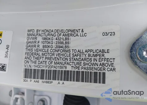 2023 Honda Accord Lx z USA, uszkodzony, nr VIN 1HGCY1F20PA015978